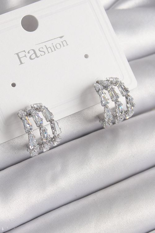 YRTCL Pirinç Gümüş Renk Zirkon Taşlı Halka Model Kadın Küpe