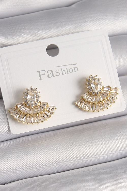 YRTCL Pirinç Gold Renk Zirkon Taşlı Yelpaze Model Kadın Küpe