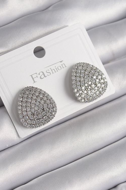 YRTCL Pirinç Gümüş Renk Zirkon Taşlı Plaka Model Kadın Küpe