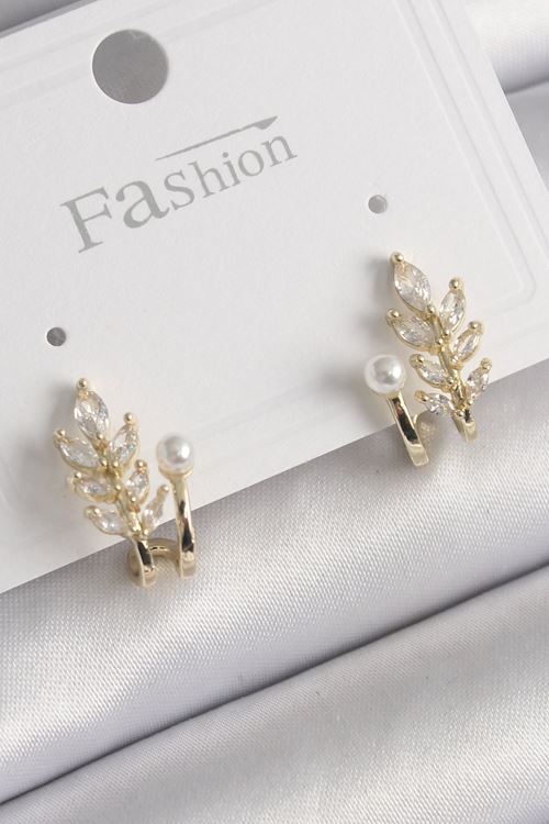 YRTCL Pirinç Gold Renk Zirkon Taşlı Yaprak Model İnci Detay Küpe