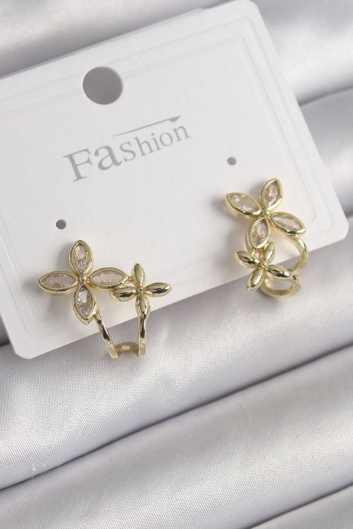 YRTCL Pirinç Gold Renk Zirkon Taşlı 2'Li Çiçek Model Kadın Küpe