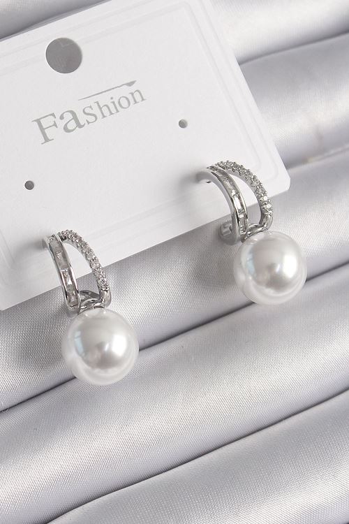 YRTCL Pirinç Gümüş Renk Zirkon Taşlı Halka İnci Detay Kadın Küpe