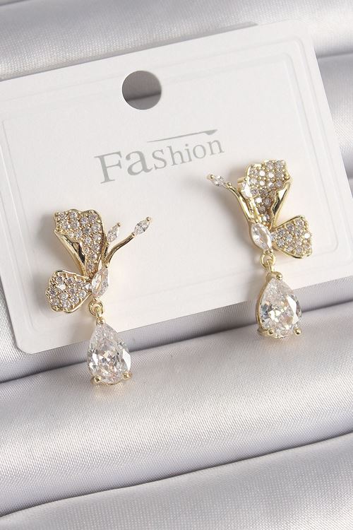 YRTCL Pirinç Gold Renk Zirkon Taşlı Turna Kuşu Model Sallantı Detay Kadın Küpe