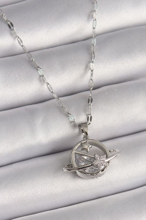 YRTCL 316L Çelik Gümüş Renk Zincir Zirkon Taşlı Yıldız Detay Gezegen Model Kadın Kolye