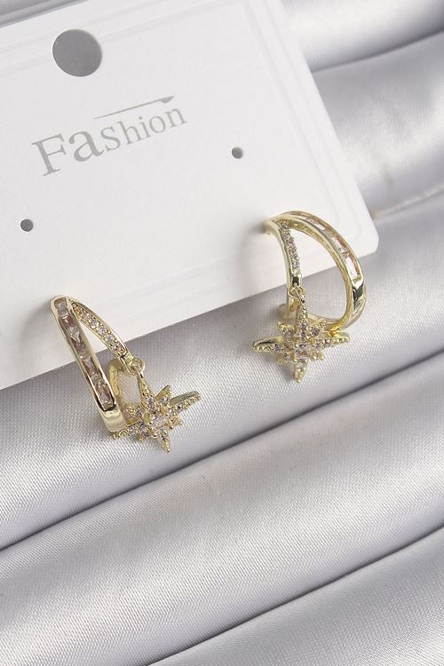 YRTCL Pirinç Gold Renk Zirkon Taşlı Halka Model Yıldız Detay Kadın Küpe