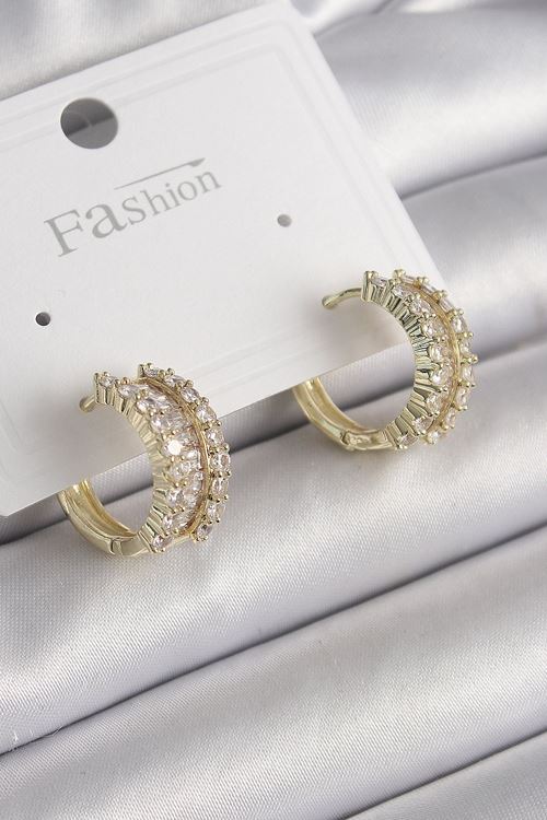YRTCL Pirinç Gold Renk Zirkon Taşlı Halka Model Kadın Küpe