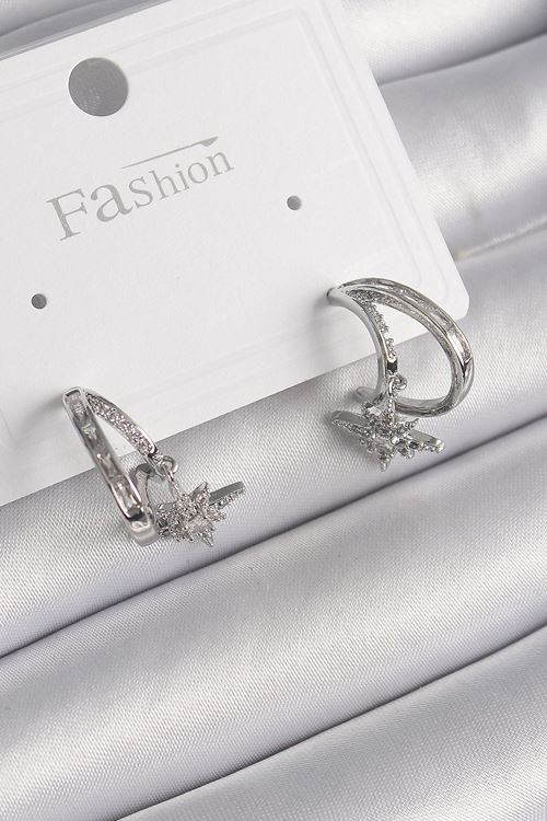 YRTCL Pirinç Gümüş Renk Zirkon Taşlı Halka Model Sallantı Yıldız Detay Kadın Küpe