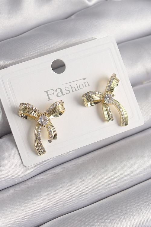 YRTCL Pirinç Gold Renk Zirkon Taşlı Fiyonk Model Kadın Küpe