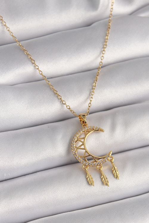 YRTCL 316L Çelik Gold Renk Zincir Zirkon Taşlı Hilal Model Sallantı Yaprak Detay Kadın Kolye