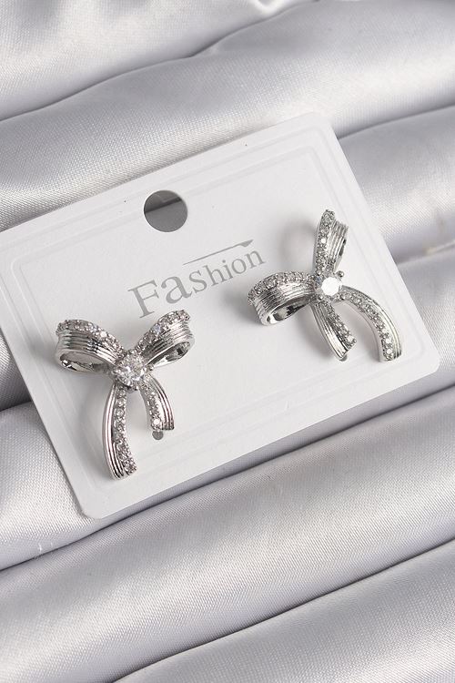 YRTCL Pirinç Gümüş Renk Zirkon Taşlı Fiyonk Model Kadın Küpe