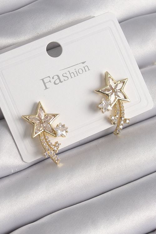 YRTCL Pirinç Gold Renk Zirkon Taşlı Kuyruklu Yıldız Model Kadın Küpe