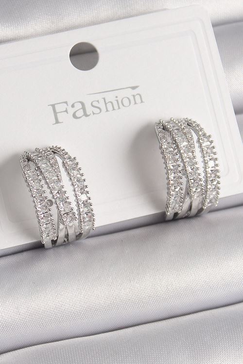 YRTCL Pirinç Gümüş Renk Zirkon Taşlı Halka Model Kadın Küpe