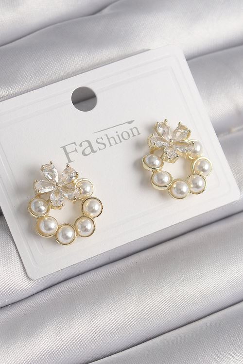 YRTCL Pirinç Gold Renk İncili Halka Model Zirkon Taşlı Kelebek Model Kadın Küpe