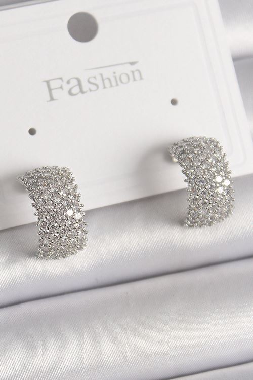 YRTCL Pirinç Gümüş Renk Zirkon Taşlı Halka Model Kadın Küpe