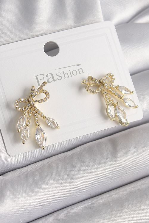 YRTCL Pirinç Gold Renk Zirkon Taşlı Düğüm Model Damla Zirkon Taşlı Kadın Küpe