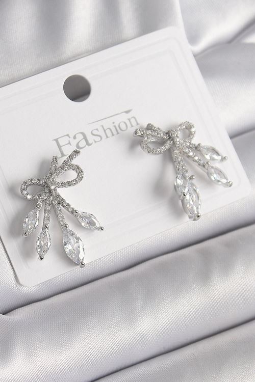 YRTCL Pirinç Gümüş Renk Zirkon Taşlı Düğüm Model Damla Zirkon Taşlı Kadın Küpe