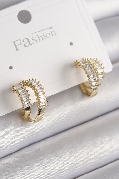 YRTCL Pirinç Gold Renk 2'Li Zirkon Taşlı Halka Model Kadın Küpe