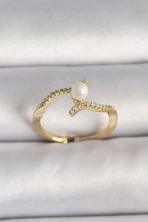 YRTCL Pirinç Gold Renk Zirkon Taşlı İncili Ayarlanabilir Yüzük