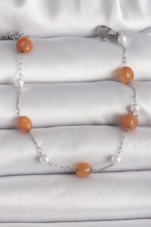 YRTCL 316L Çelik Gümüş Renk Turuncu Doğaltaş Model İnci Detay Kadın Bileklik