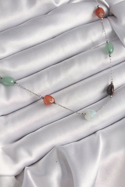 YRTCL 316L Çelik Gümüş Renk Zincir Renkli Doğaltaş Model Kadın Kolye