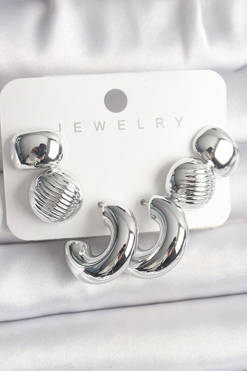 YRTCL Gümüş Renk İşlemeli Daire Halka Model CCB Platik Kadın Küpe Seti