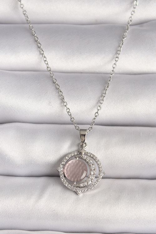 YRTCL 316L Çelik Gümüş Renk Zirkon Taşlı Pembe Sedefli Hilal Model Kadın Kolye