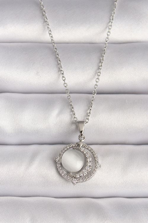 YRTCL 316L Çelik Gümüş Renk Zirkon Taşlı Beyaz Sedefli Hilal Model Kadın Kolye