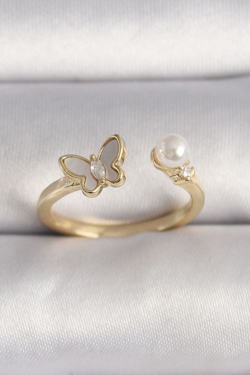 YRTCL Pirinç Gold Renk Zirkon Taş Detaylı Beyaz Mineli Kelebek Model İnci Detay Ayarlanabilir Yüzük