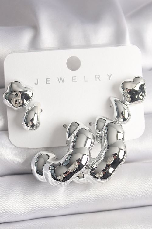 YRTCL Gümüş Renk Yonca Damla Halka Model CCB Plastik Kadın Küpe Seti