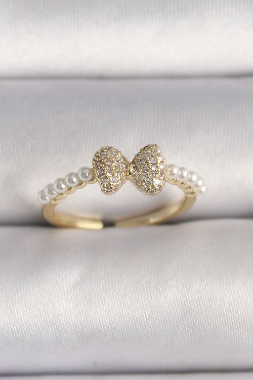 YRTCL Pirinç Gold Renk Zirkon Taşlı Fiyonk İnci Detay Ayarlanabilir Yüzük