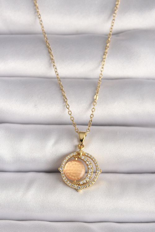 YRTCL 316L Çelik Gold Renk Zirkon Taşlı Turuncu Sedefli Hilal Model Kadın Kolye