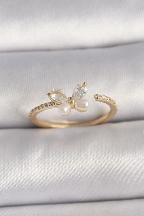 YRTCL Pirinç Gold Renk Zirkon Taşlı Kelebek Mode İnci Detay Ayarlanabilir Yüzük