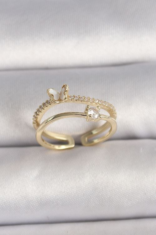 YRTCL Pirinç Gold Renk Zirkon Taş Detaylı Kelebek Figür Ayarlanabilir Yüzük