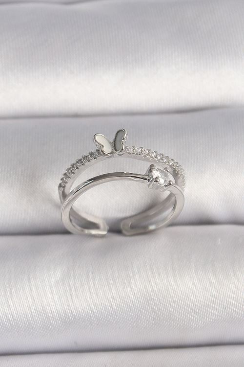 YRTCL Pirinç Gümüş Renk Zirkon Taşlı Kelebek Figürlü Ayarlanabilir Yüzük