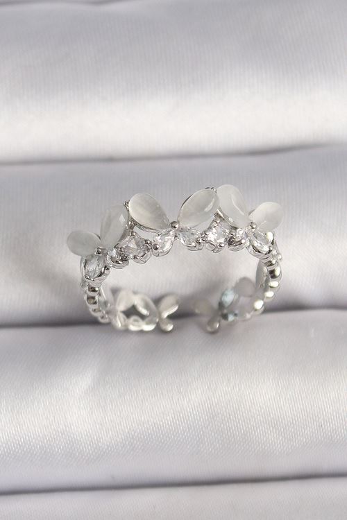 YRTCL Pirinç Gümüş Renk Zirkon Taşlı Beyaz Mineli Kelebek Model Ayarlanabilir Yüzük