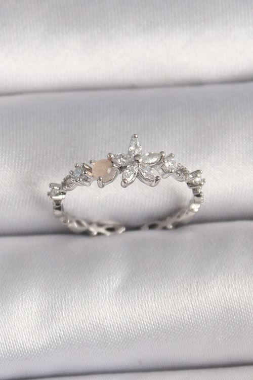 YRTCL Pirinç Gümüş Renk Zirkon Taşlı Çiçek Model Ayarlanabilir Yüzük