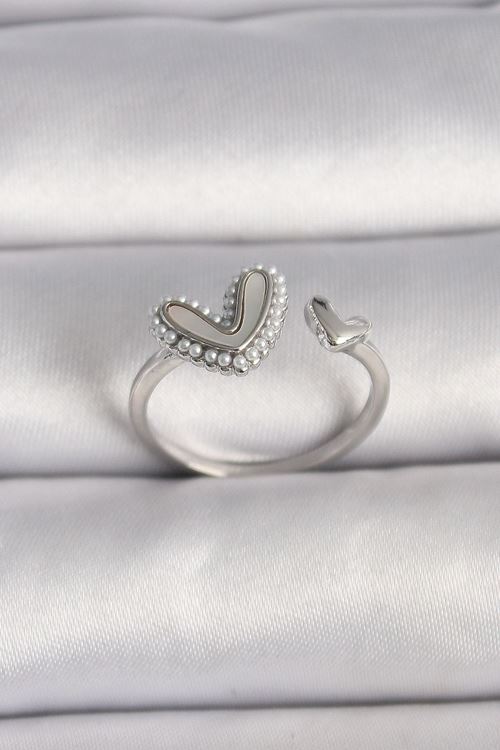 YRTCL Pirinç Gümüş Renk Beyaz Mineli İnci Detaylı Kalp Model Ayarlanabilir Yüzük