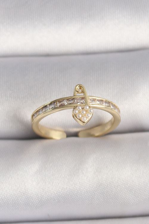 YRTCL Pirinç Gold Renk Zirkon Taşlı İnci Detay Kilit Kalp Figür Ayarlanabilir Yüzük