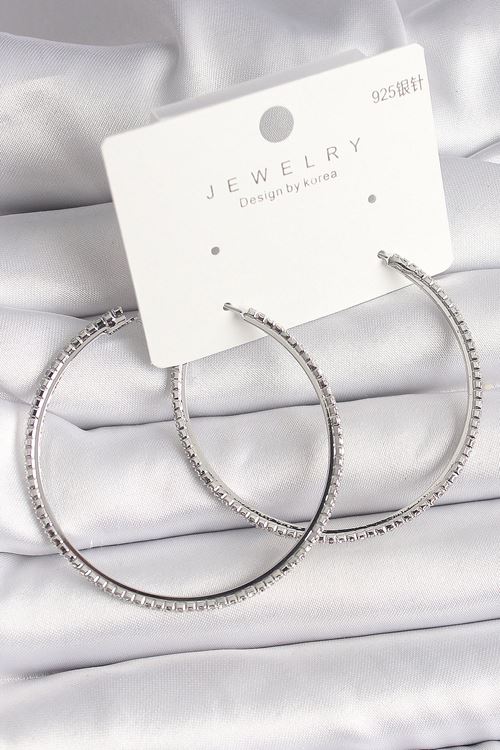 YRTCL Pirinç Gümüş Renk Zirkon Taşlı Halka Model Kadın Küpe