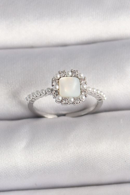 YRTCL Pirinç Gümüş Renk İncili Kare Beyaz Mineli Ayarlanabilir Kadın Yüzük