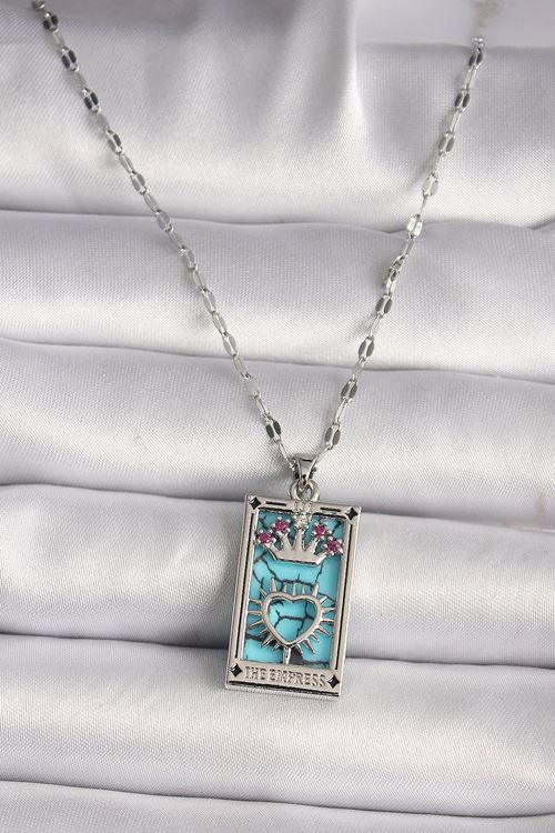 YRTCL 316L Çelik Gümüş Renk Pembe Zirkon Taşlı Taç Kalp Portre Model Kadın Kole