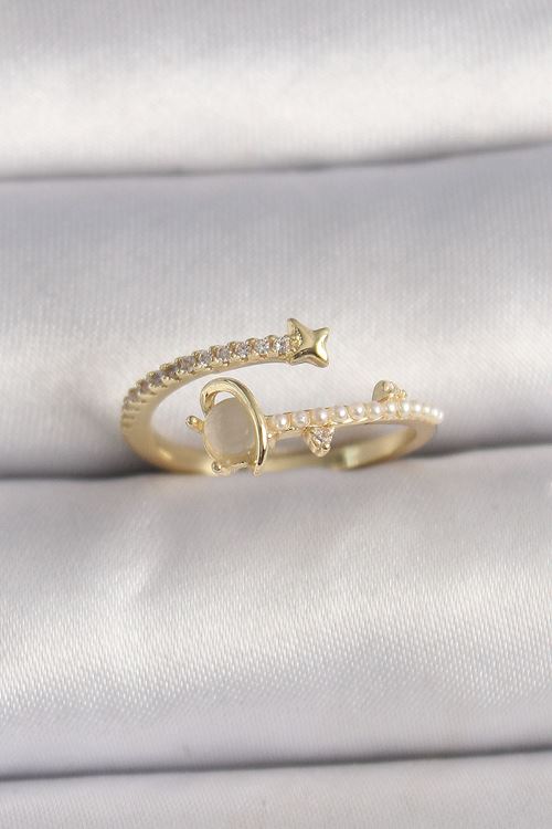 YRTCL Pirinç Gold Renk Zirkon Taşlı Beyaz Mineli Yıldız Detaylı Ayarlanabilir Kadın Yüzük