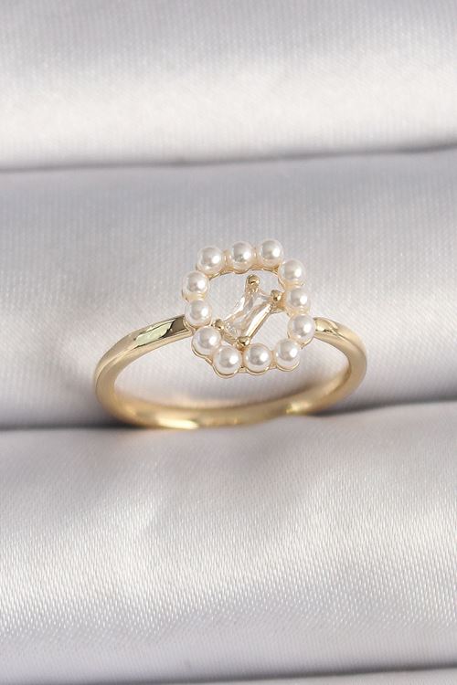 YRTCL Pirinç Gold Renk Zirkon Taş Detaylı İncili Ayarlanabilir Yüzük