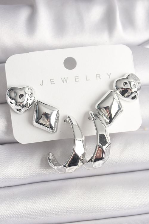 YRTCL Gümüş Renk Kalp Halka Figür CCB Plastik Kadın Küpe Seti