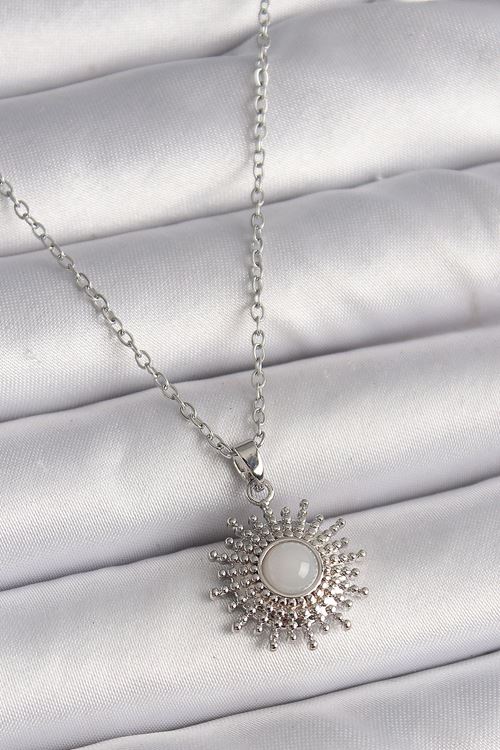YRTCL 316L Çelik Gümüş Renk Zincir Beyaz Mineli Güneş Model Kadın Kolye