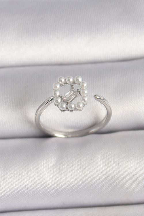 YRTCL Pirinç Gümüş Renk Zirkon Taş Detaylı İncili Ayarlanabilir Yüzük