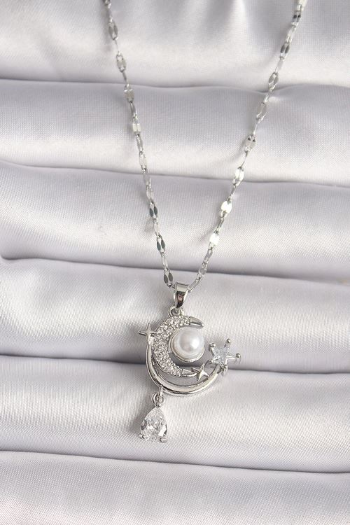 YRTCL 316L Çelik Gümüş Renk Zirkon Taşlı Ay Yıldız Sallantı Detay Kadın Kolye
