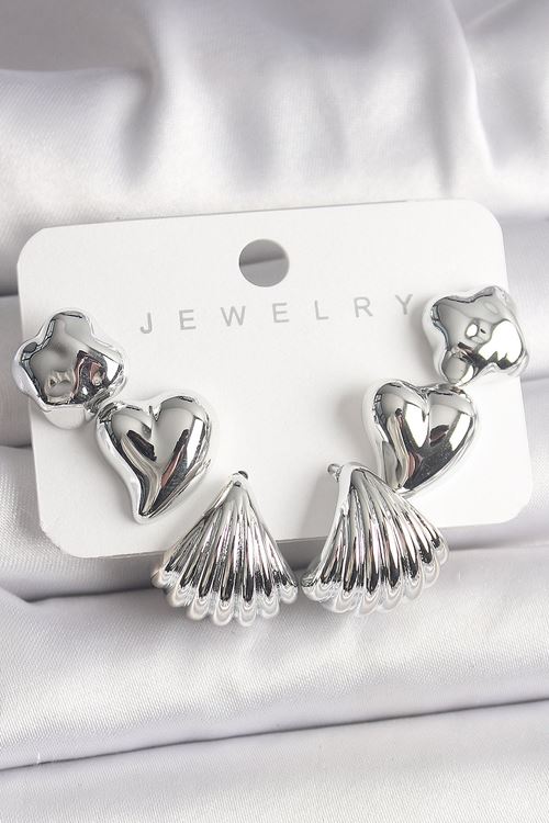 YRTCL Gümüş Renk Yonca Kalp Deniz Kabuğu Figür CCB Kadın Küpe Seti