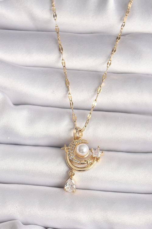 YRTCL 316L Gold Renk Zirkon Taşlı Ay Yıldız Model Sallantı Detay Kadın Kolye