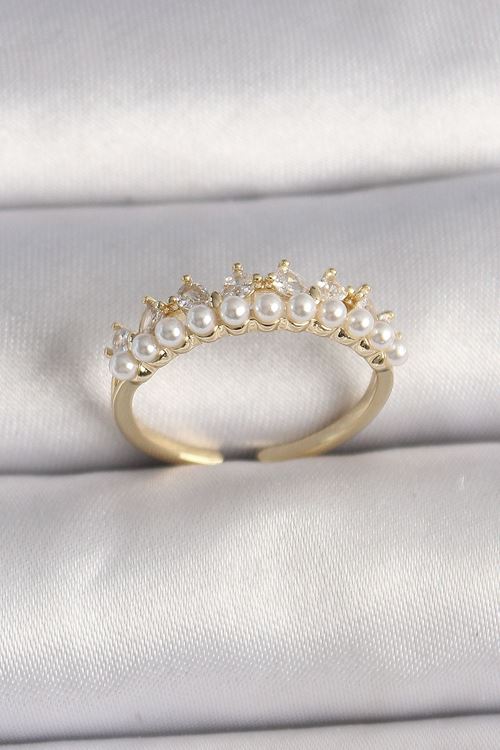 YRTCL Pirinç Gold Renk Zirkon Taşlı İncili Taç Model Ayarlanabilir Kadın Yüzük